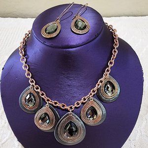 St Thomas Copper Gray Teardrop Rhinestone Statement Necklace Earrings Set